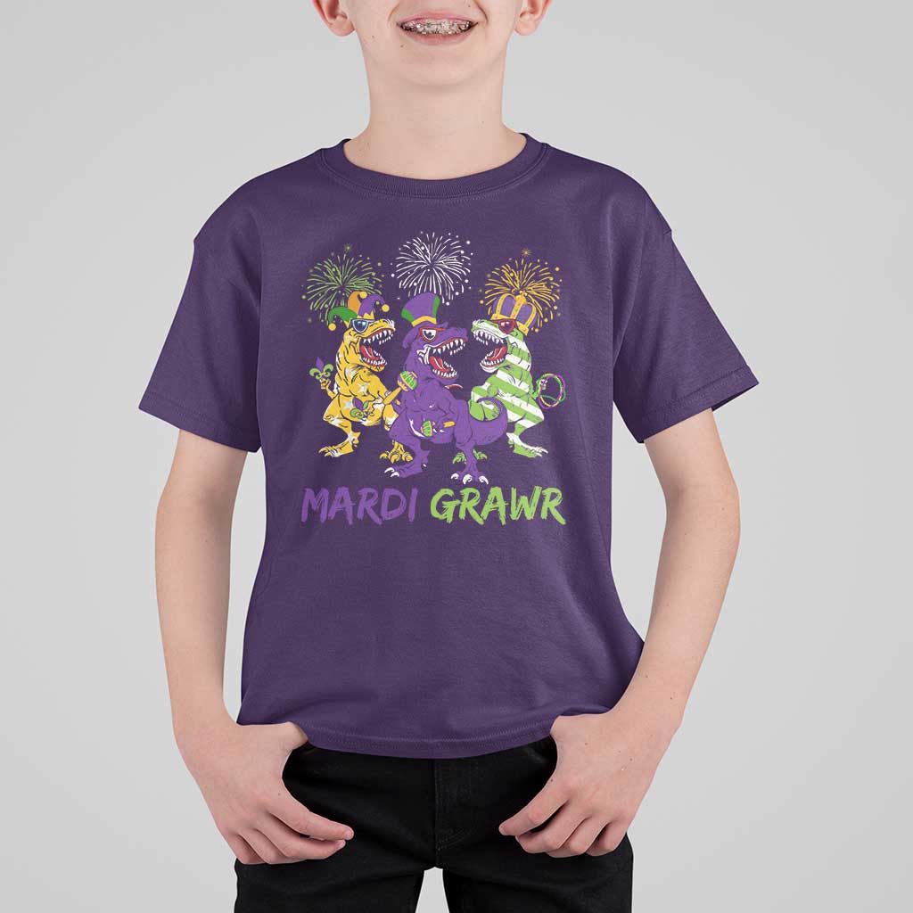 Mardi Gras Dinosaur T Shirt For Kid T-Rex Dino Mardi Grawr Firework