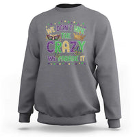 Crewneck sweatshirt in charcoal gray with glitter Mardi Gras slogan and mask graphic