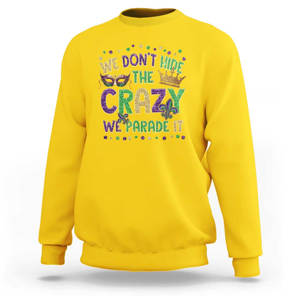 Crewneck sweatshirt in daisy yellow with glitter Mardi Gras slogan and mask graphic