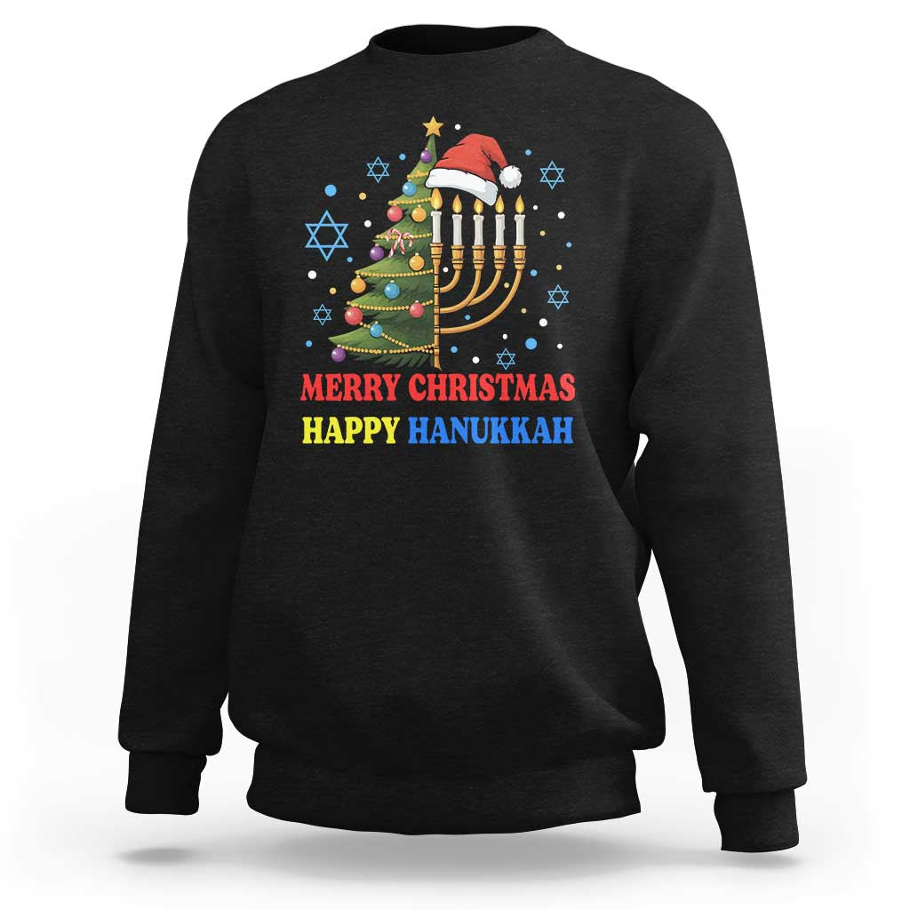 Black crewneck sweatshirt with menorah-and-tree graphic and 'MERRY CHRISTMAS HAPPY HANUKKAH' text