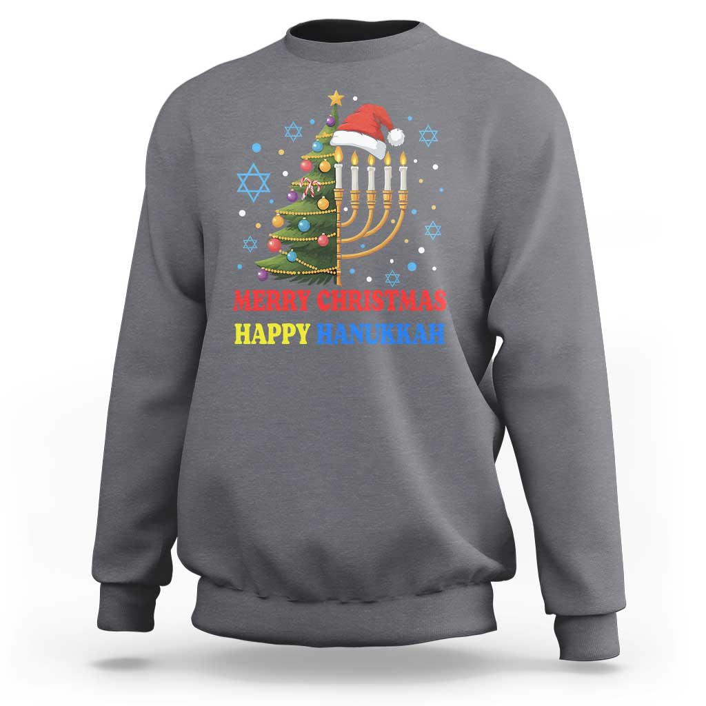 Gray crewneck sweatshirt with menorah-and-tree graphic and 'MERRY CHRISTMAS HAPPY HANUKKAH' text
