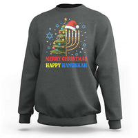 Dark heather crewneck sweatshirt with menorah-and-tree graphic and 'MERRY CHRISTMAS HAPPY HANUKKAH' text