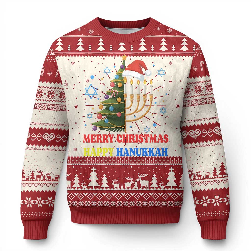 Red and cream holiday sweater with menorah, tree motifs, and festive text on front