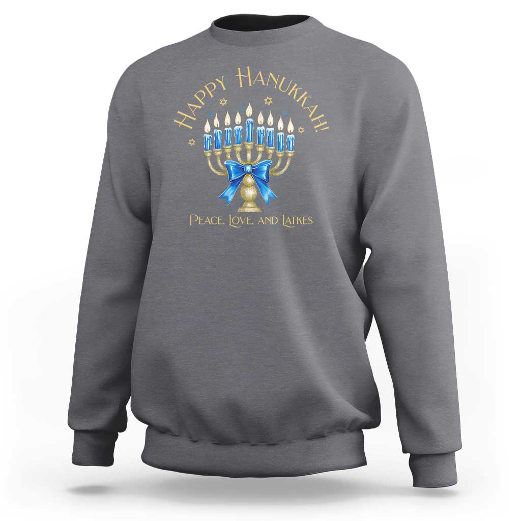 Men’s Happy Hanukkah sweatshirt, heather gray back with menorah graphic and “Peace, Love, and Latkes”