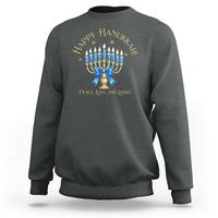 Men’s Happy Hanukkah sweatshirt, dark heather gray back with menorah graphic and “Peace, Love, and Latkes”