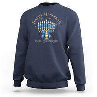 Men’s Happy Hanukkah sweatshirt, navy back with menorah graphic and “Peace, Love, and Latkes” text
