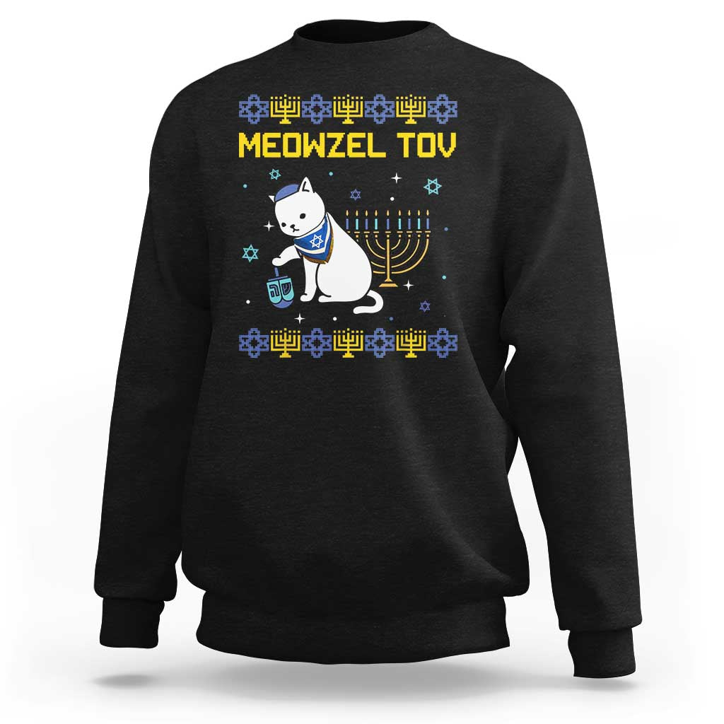 Black crewneck sweatshirt with cat menorah graphic and 'MEOWZEL TOV' text