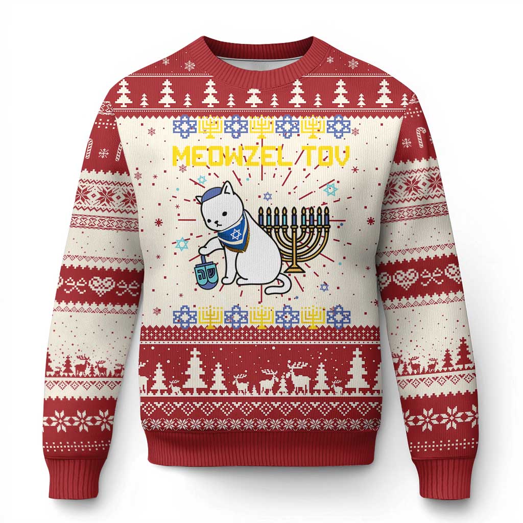 Red and white festive sweater with cat graphic, menorah, and winter tree pattern
