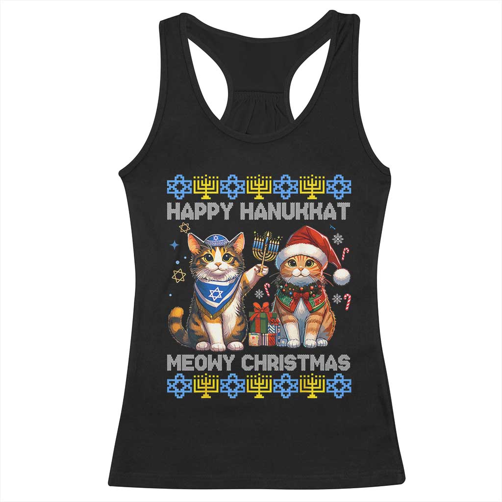 Cat Merry Christmas Happy Hanukkah Racerback Tank Top Jewish Christian Ugly Hanukkah