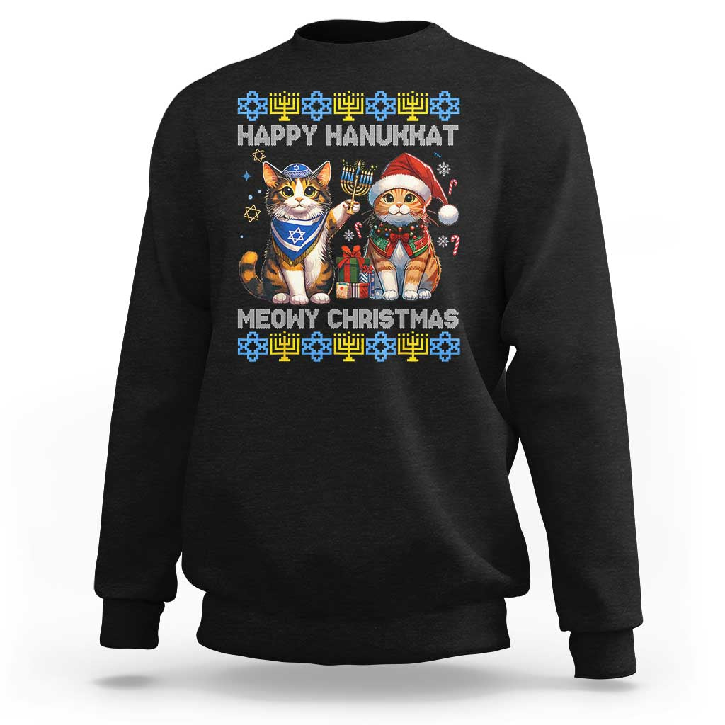 Black crewneck sweatshirt with cat Hanukkah/Christmas graphic text.