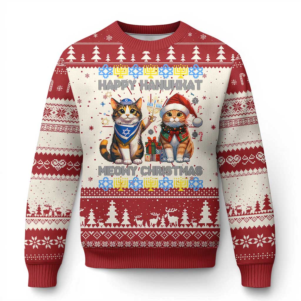 Red knit ugly Christmas sweater with cat characters and Happy Hanukkah graphic, crew neck