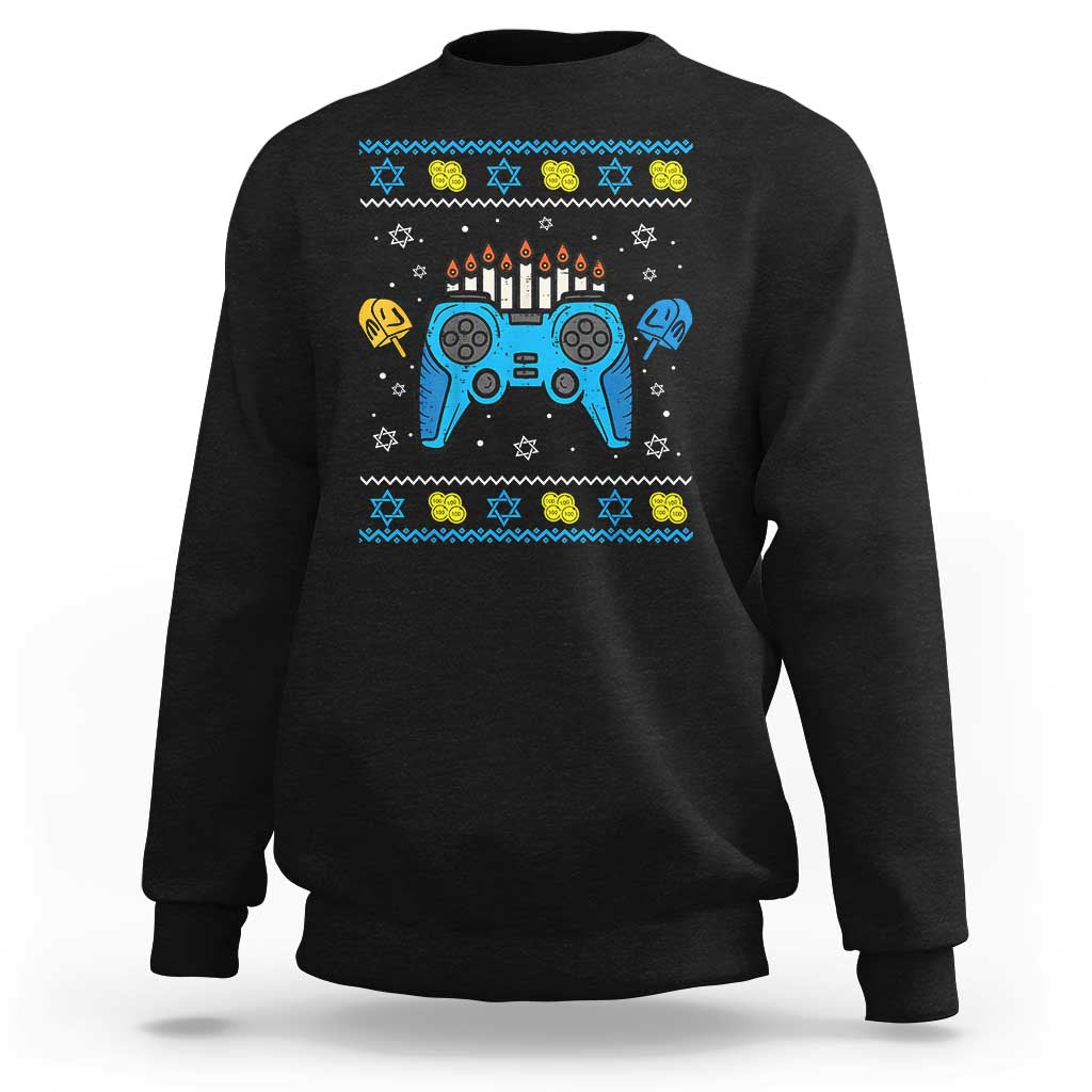 Black crewneck sweatshirt with gaming controller Hanukkah graphic