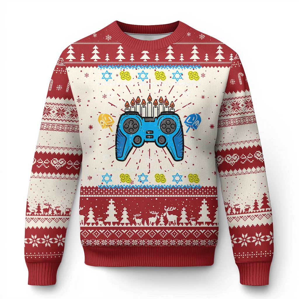 Men's ugly holiday sweater, red and white with controller graphic and festive pattern.