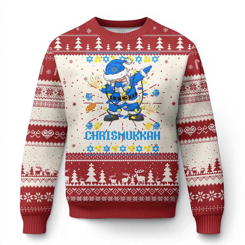 Red ugly Christmas sweater with dabbing Santa graphic and 'Chrismukkah' text