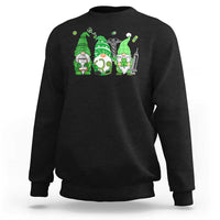 Black sweatshirt with green gnome and shamrock graphic across the chest