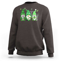 Dark brown sweatshirt with green gnome and shamrock graphic across the chest