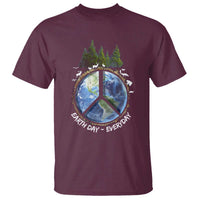 Maroon earth day T-shirt with peace-sign globe graphic and “EARTH DAY - EVERYDAY” text