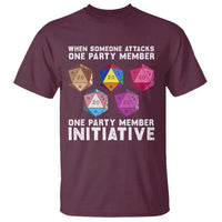 Maroon graphic T-shirt with colorful D20 dice and bold slogan print at front