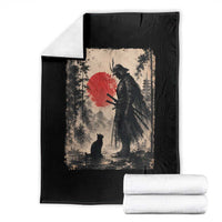 Vintage Japanese Samurai Warrior and Black Cat Throw Blanket