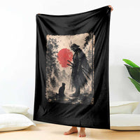 Vintage Japanese Samurai Warrior and Black Cat Throw Blanket