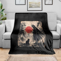 Vintage Japanese Samurai Warrior and Black Cat Throw Blanket