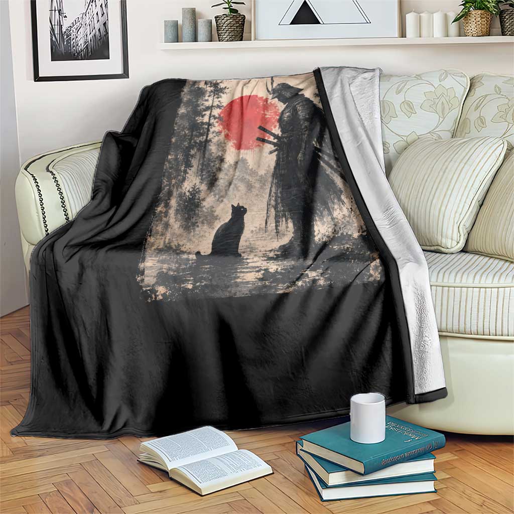Vintage Japanese Samurai Warrior and Black Cat Throw Blanket