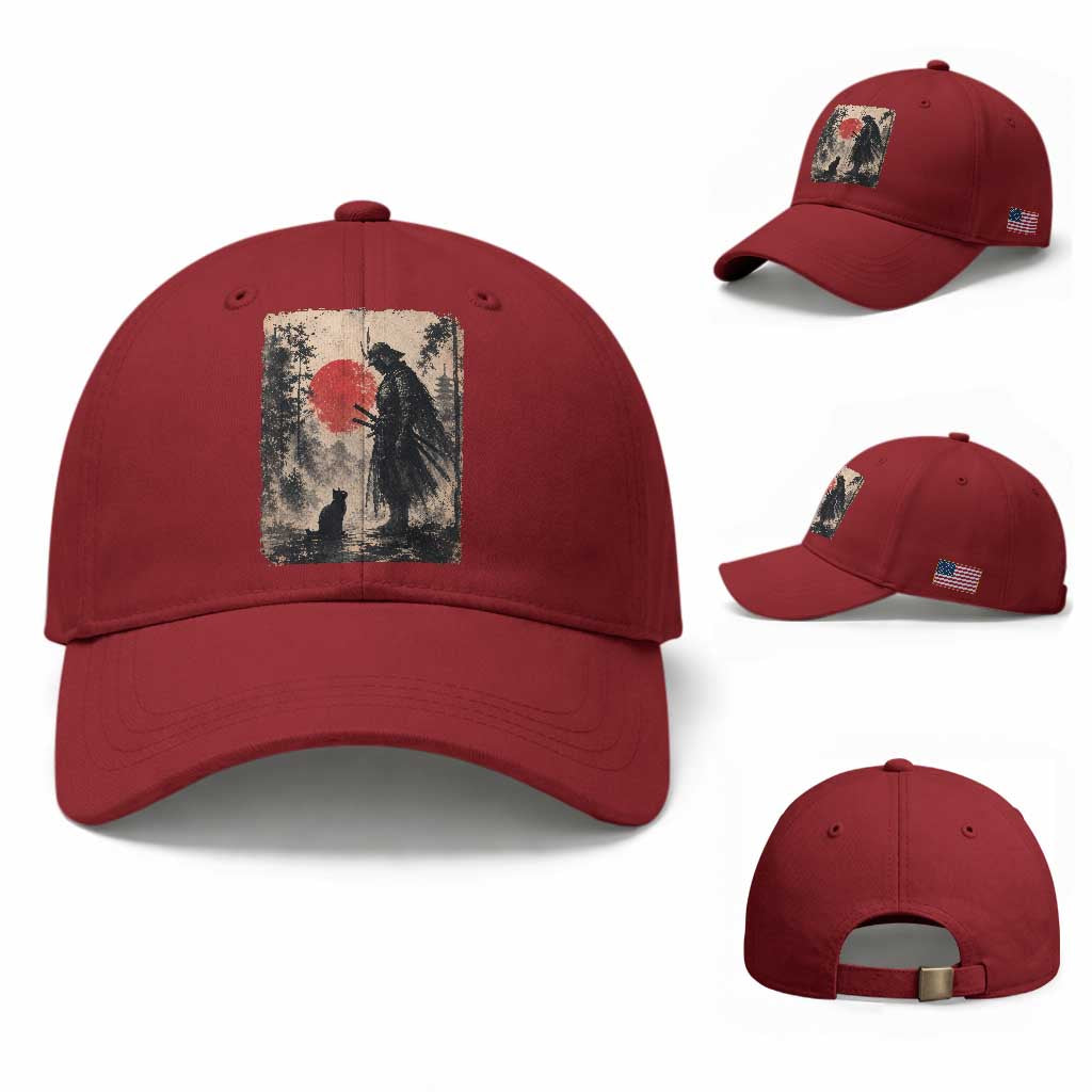 Vintage Japanese Samurai Warrior and Black Cat Baseball Cap