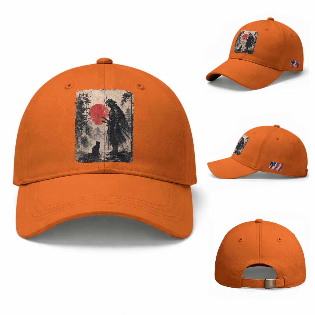 Vintage Japanese Samurai Warrior and Black Cat Baseball Cap