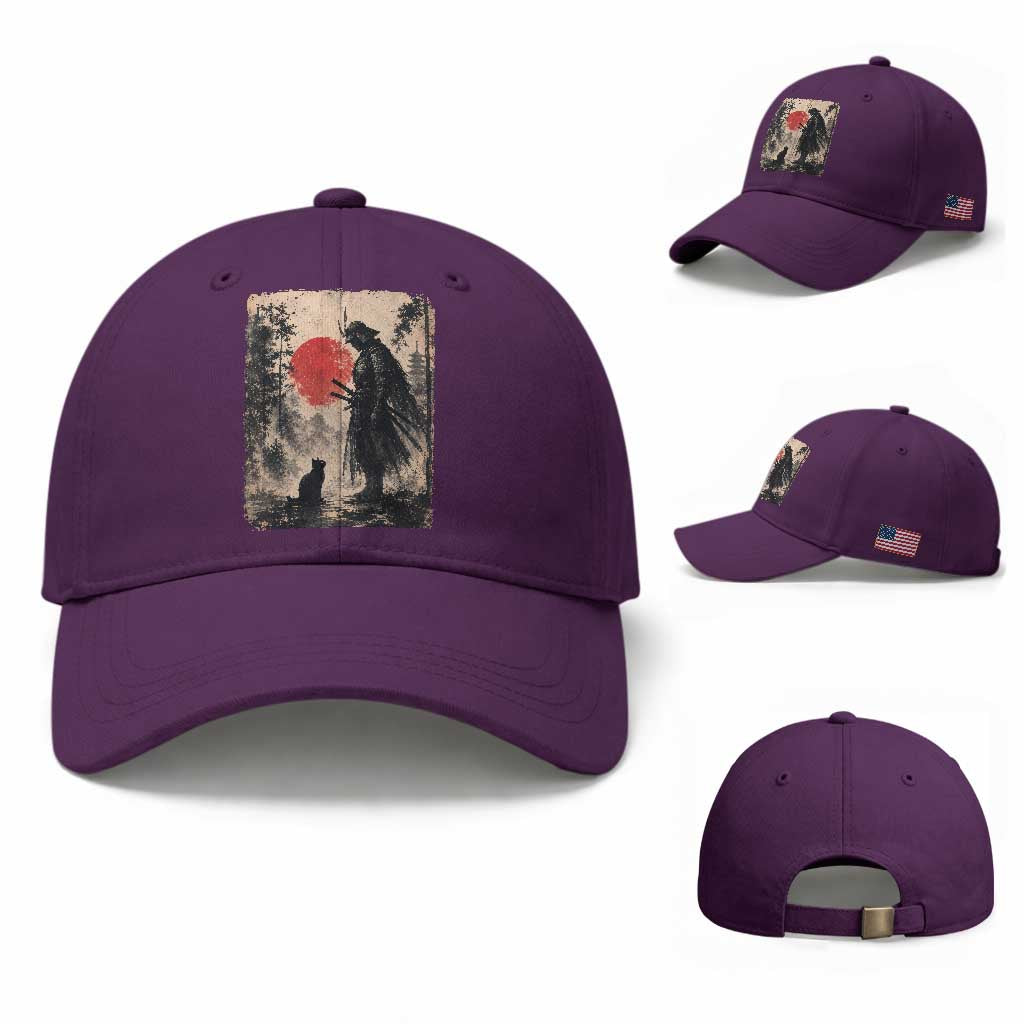 Vintage Japanese Samurai Warrior and Black Cat Baseball Cap