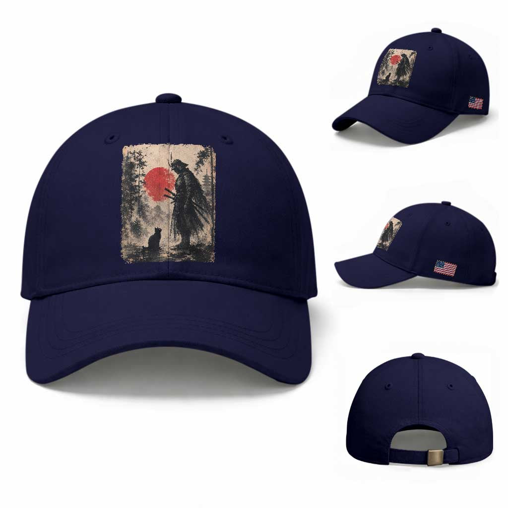 Vintage Japanese Samurai Warrior and Black Cat Baseball Cap