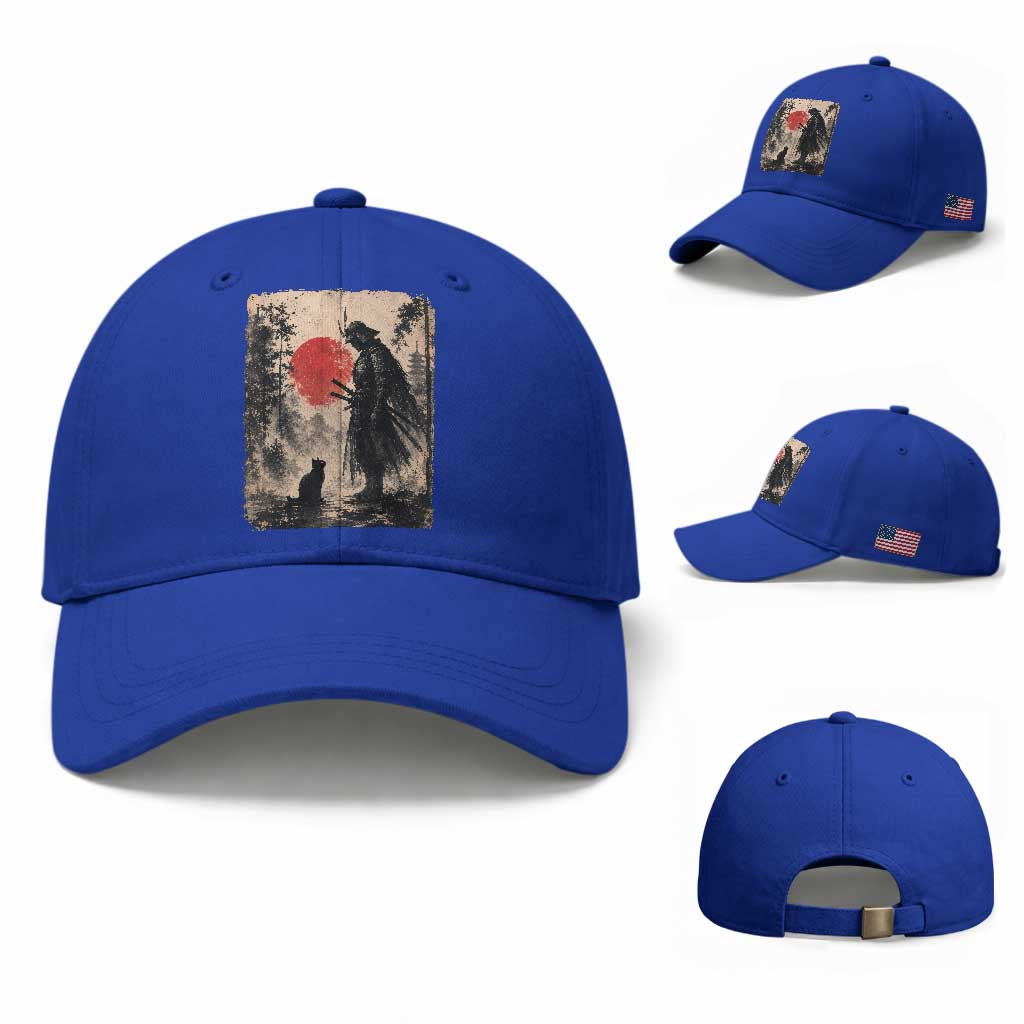 Vintage Japanese Samurai Warrior and Black Cat Baseball Cap