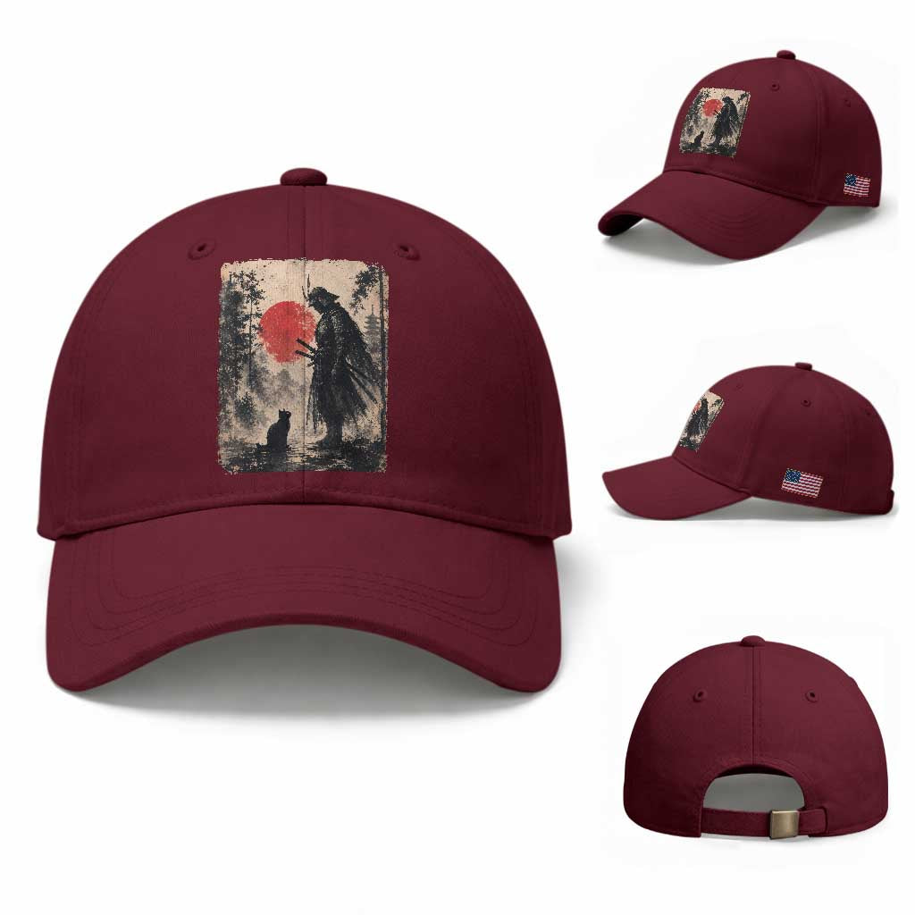 Vintage Japanese Samurai Warrior and Black Cat Baseball Cap