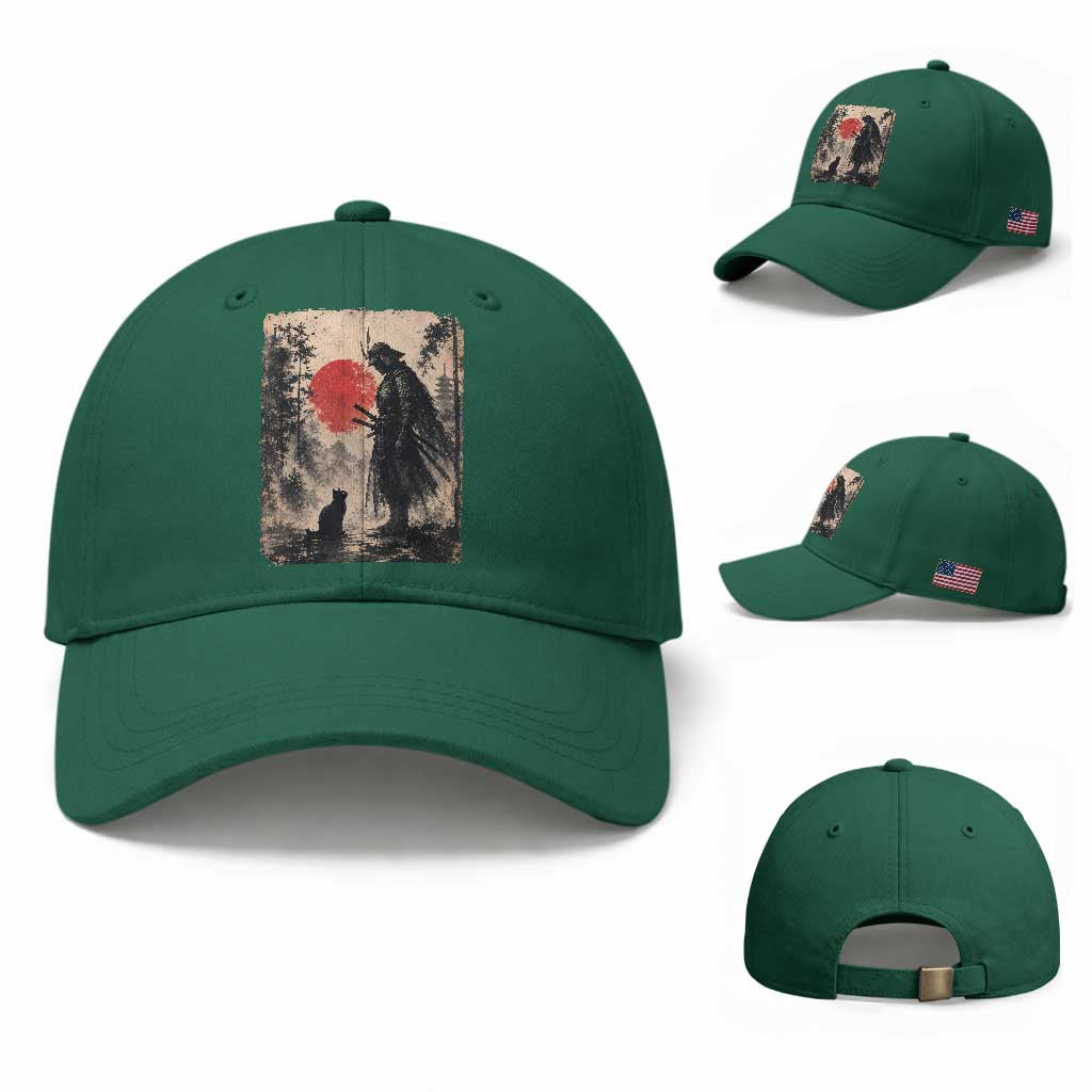 Vintage Japanese Samurai Warrior and Black Cat Baseball Cap