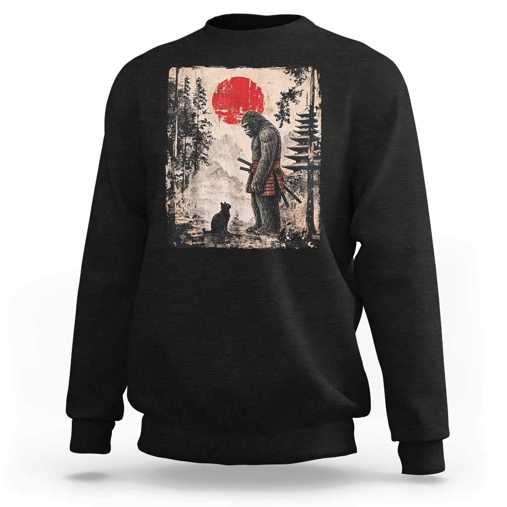 Vintage Japanese Art Bigfoot Samurai Warrior and Black Cat Sweatshirt Sasquatch Lovers Vintage Graphic Ukiyo-e Art