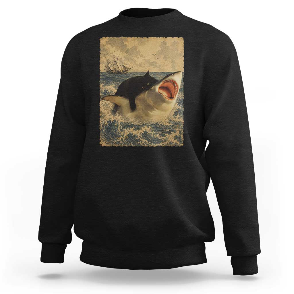 Black Cat Biting Shark Anime Graphic Japanese Sweatshirt Vintage Graphic Ukiyo-e Art