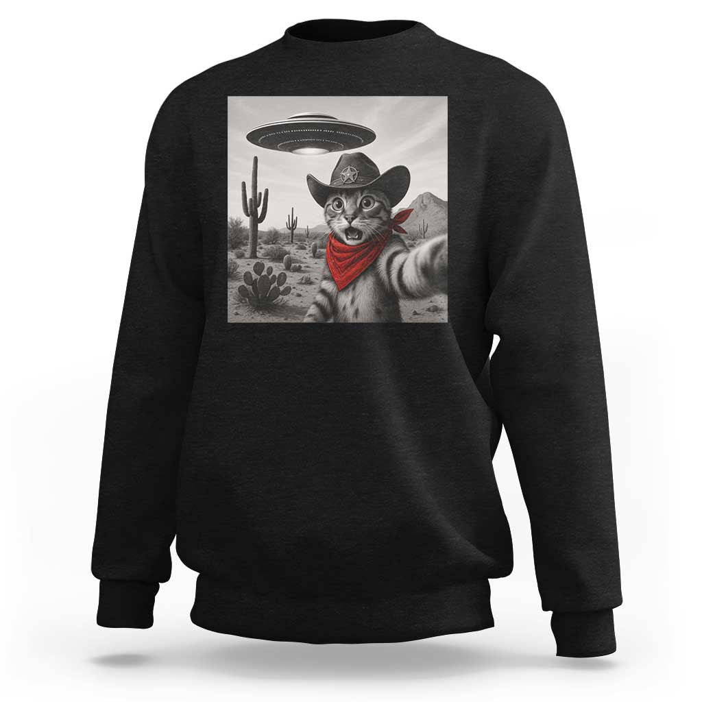 Vintage UFO Cowboy Cat Sweatshirt Retro 90s Western Rodeo Kitten Cat Selfie With Alien UFO - Wonder Print Shop