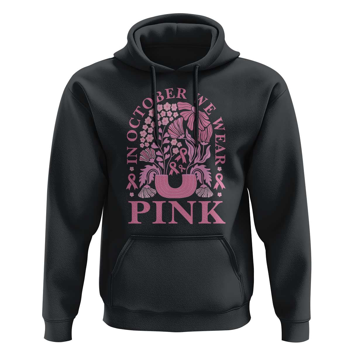 Black hoodie with pink floral ribbon graphic, “PINK” lettering, and front kangaroo pocket.