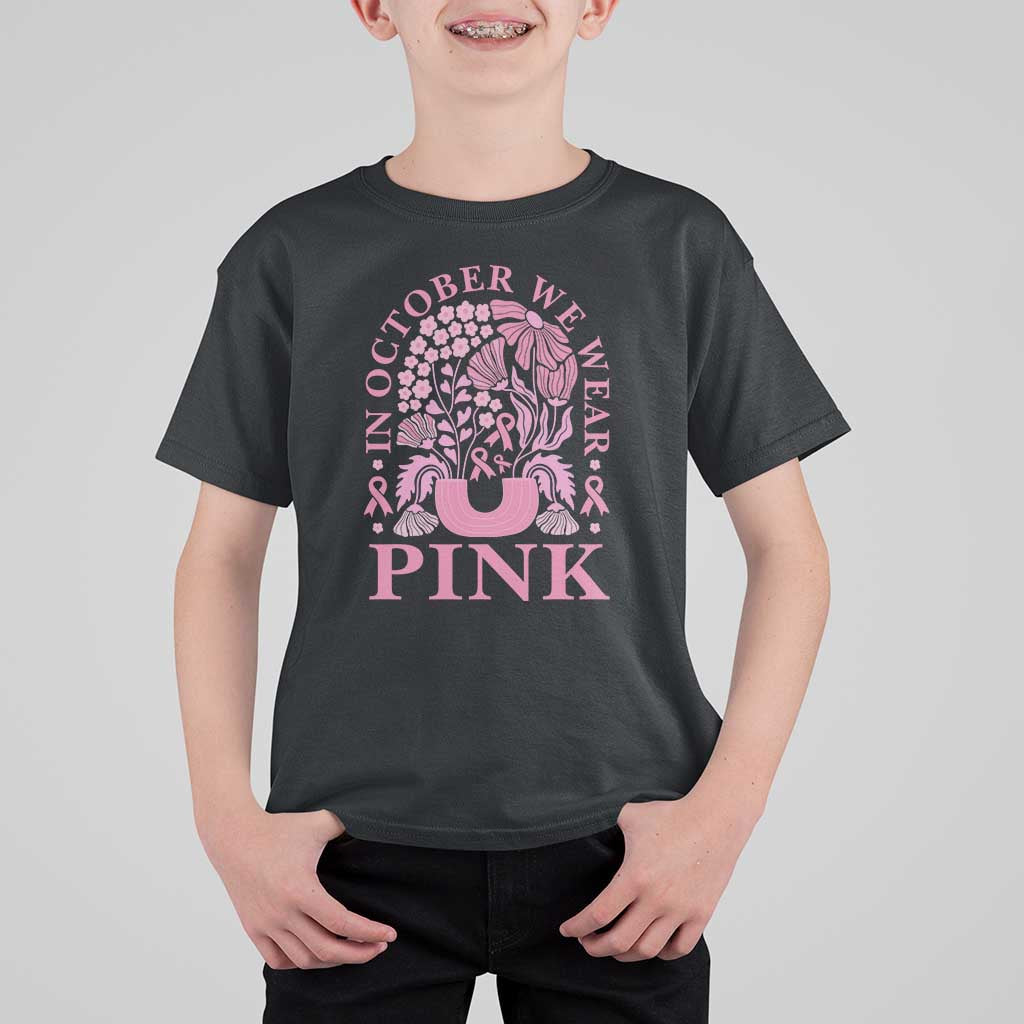 Breast Cancer Awareness Month T Shirt For Kid Boho Floral Vintage Floral Pink Ribbon - Wonder Print Shop