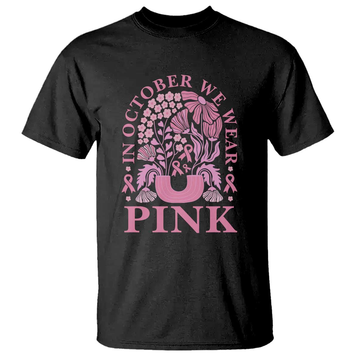 Black T-shirt with pink ribbon boho floral and unicorn graphic for breast cancer awareness