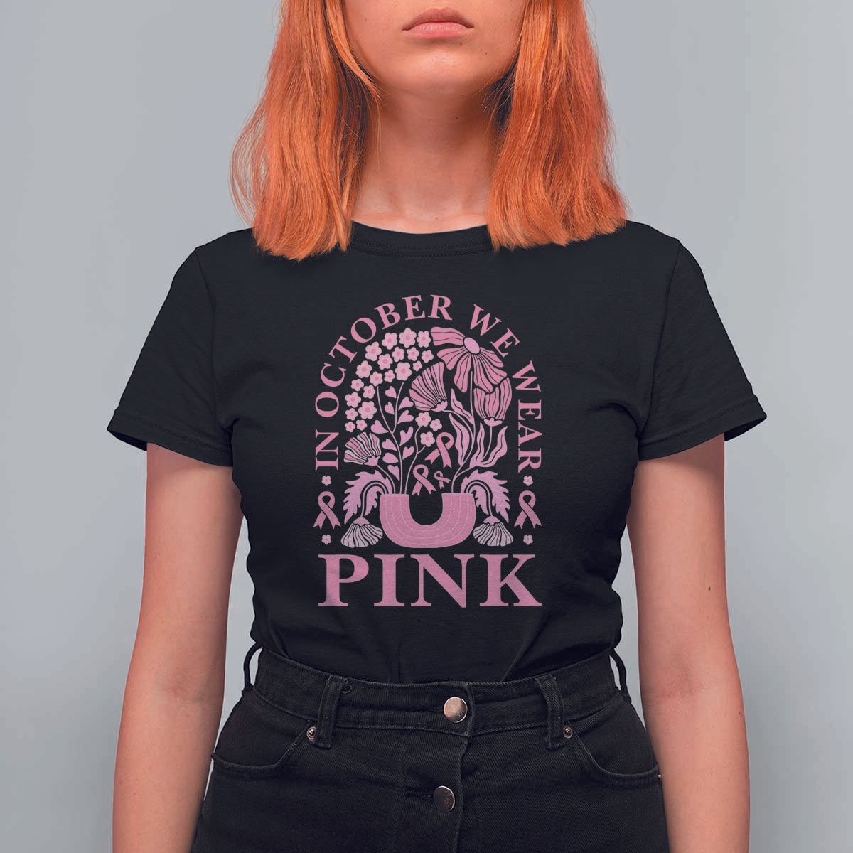 Breast Cancer Awareness Month T Shirt For Women Boho Floral Vintage Floral Pink Ribbon - Wonder Print Shop