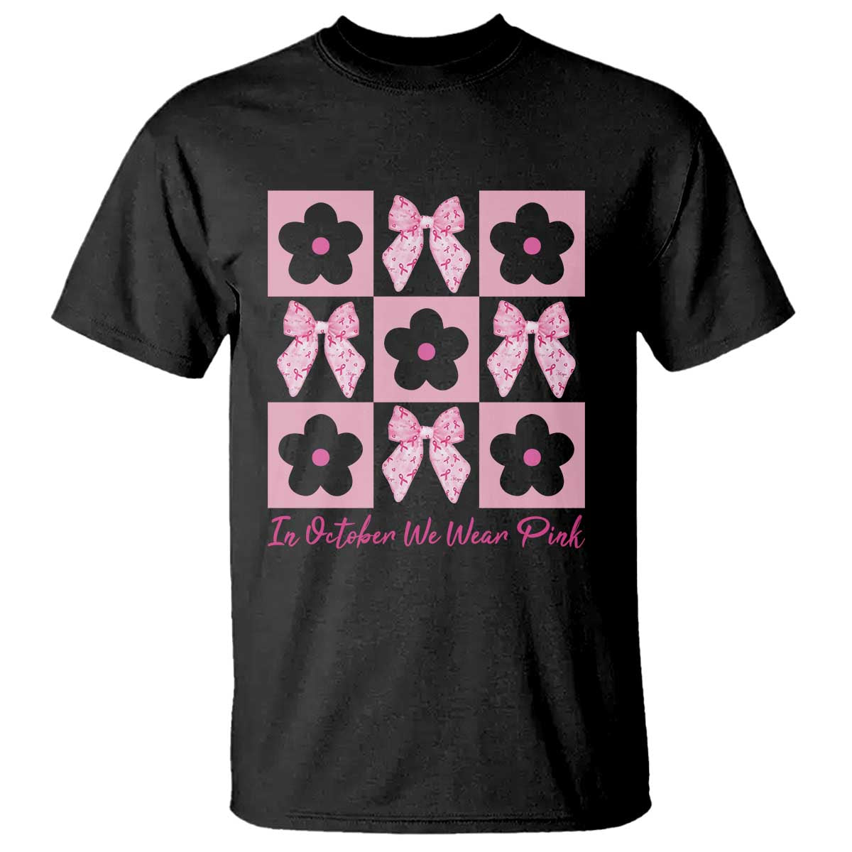 Breast Cancer Awareness Month T Shirt In October We Wear Pink Coquette Bow Boho Floral Gift For Mom - Wonder Print Shop