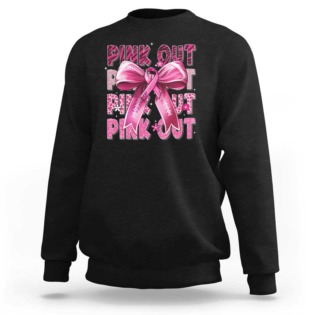 Black crewneck sweatshirt with pink ribbon bow “Pink Out” graphic on chest
