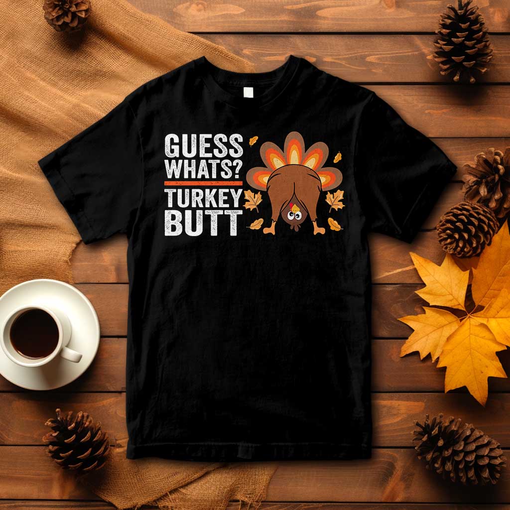 Black men's graphic Thanksgiving T-shirt with turkey butt text and cartoon turkey