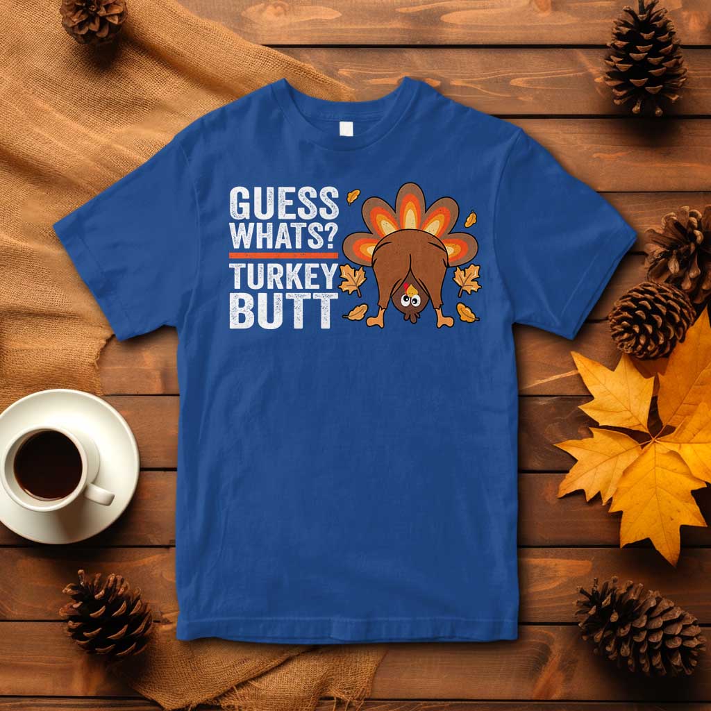 Royal blue men's graphic Thanksgiving T-shirt with turkey butt text and cartoon turkey