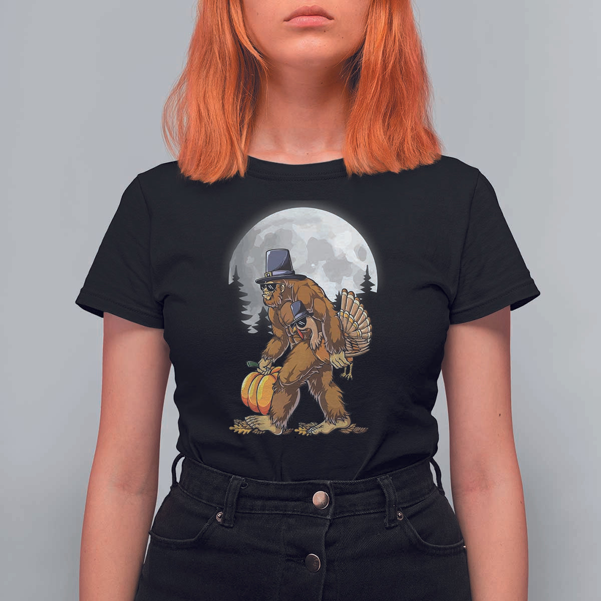 Bigfoot Pilgrim Turkey Pumpkin Thanksgiving Day T Shirt For Women Sasquatch - Wonder Print Shop