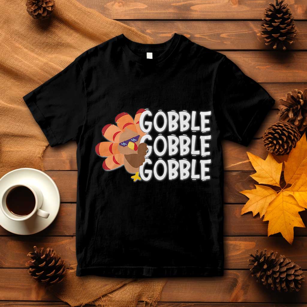 Black Thanksgiving turkey graphic T-shirt with stacked "Gobble" lettering
