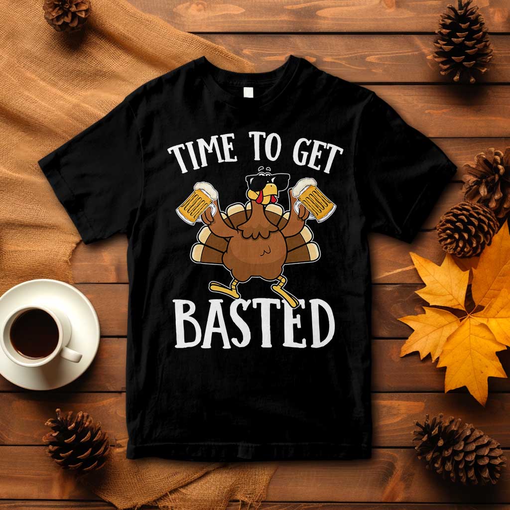 Black short-sleeve crewneck Thanksgiving turkey graphic T-shirt, 'TIME TO GET BASTED'.