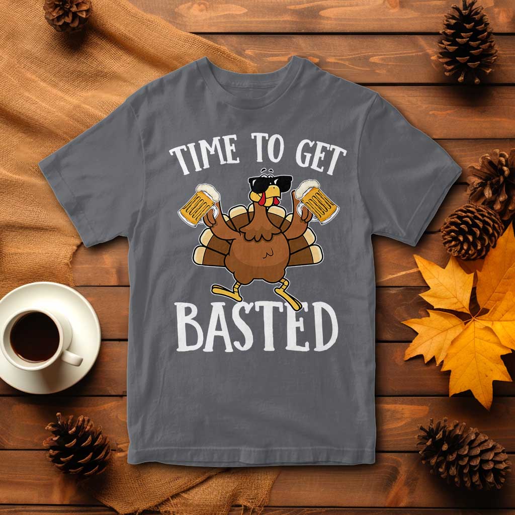 Charcoal gray short-sleeve crewneck Thanksgiving turkey graphic T-shirt, 'TIME TO GET BASTED'.