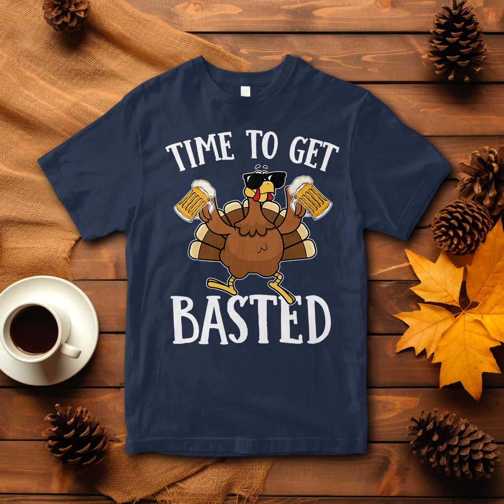 Navy short-sleeve crewneck Thanksgiving turkey graphic T-shirt, 'TIME TO GET BASTED'.