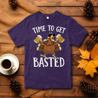 Purple short-sleeve crewneck Thanksgiving turkey graphic T-shirt, 'TIME TO GET BASTED'.